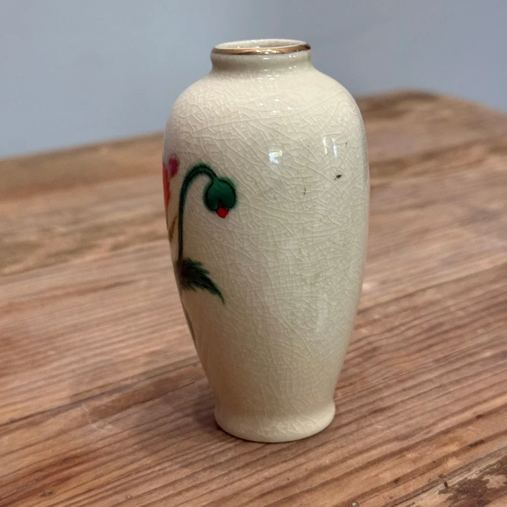 Vintage Homco Japan Crackle Glaze Bud Vase Red Pink Poppy Floral Gold Rim 4 Inch